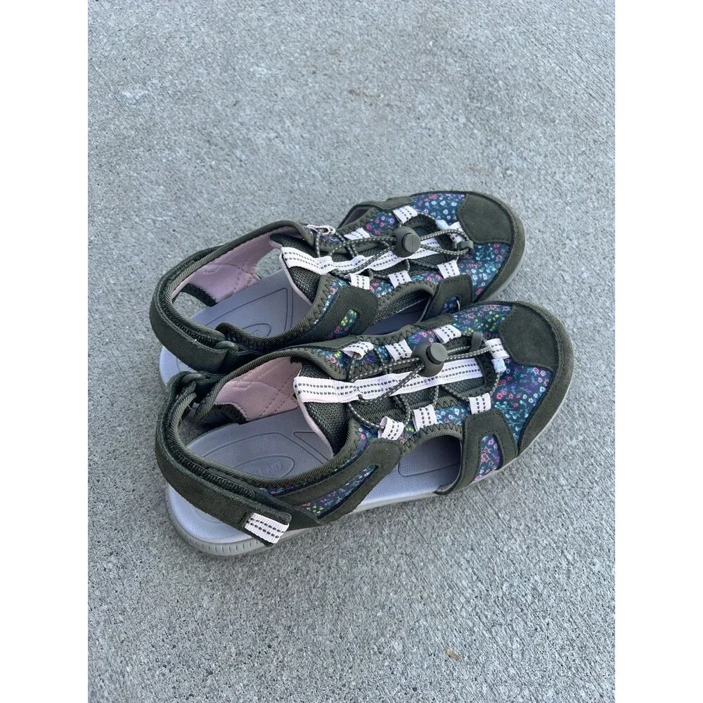 Lands End Hiking Sandals Women 7B Green Pink Floral Leather All Weather Shoes